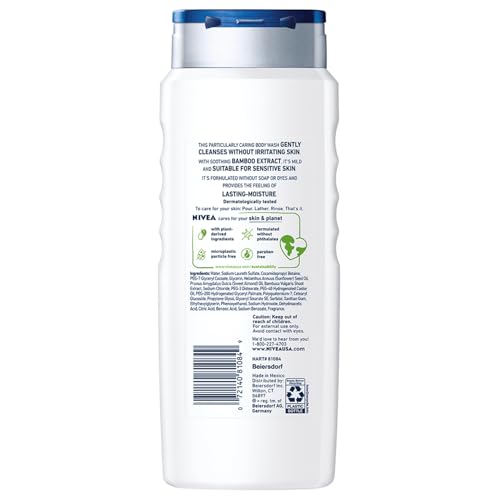 NIVEA MEN Sensitive Body Wash with Bamboo Extract, Moisturizing Body Wash for Sensitive Skin, Soap Free Shower Gel for Men with No Drying Alcohol, 16.9 Fl Oz Bottle, Pack of 3