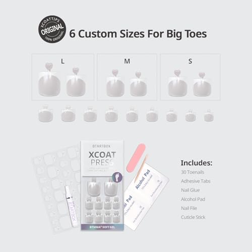 BTArtbox Press On Toenails - Lamp-Curable Real Square French Tip Toe Nail Press Ons with Glue for Women, Semi-Transparent Fake Toe Nail Tips in 15 Sizes - 30 Toenails Kit, Alabaster