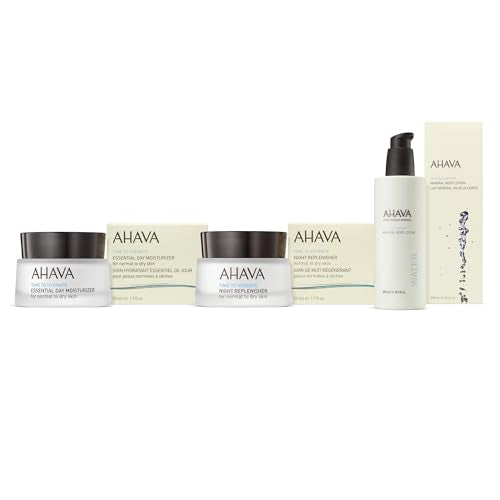 AHAVA Daily Essentials Trio Set - Includes Essential Day Moisturizer 1.7 Fl.Oz, Night Replenisher 1.7 Fl.Oz & Body Lotion Original 8.5 Fl.Oz, enriched with Dead Sea Osmoter & Magnesium