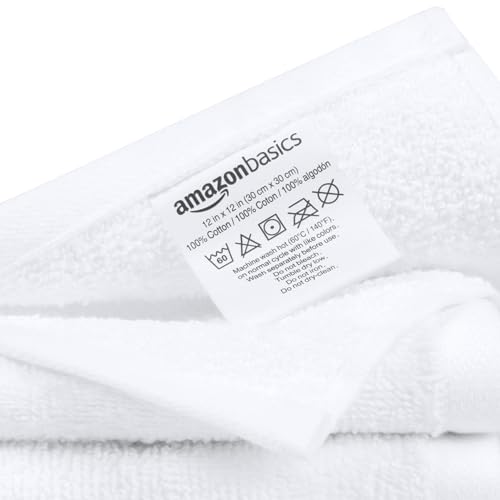 Amazon Basics Face Towel Set for bathroom, 100% Cotton Extra Absorbent Fast Drying Face Cloths 30 x 30 cm, White, 24-Pack