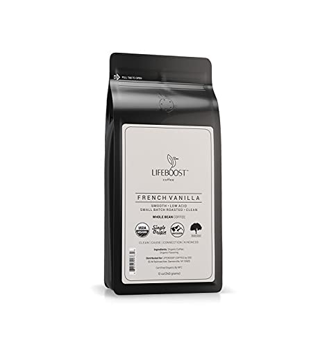 Lifeboost Whole Bean French Vanilla Coffee - Low Acid Single Origin Non-GMO Organic Coffee - Third Party Tested For Mycotoxins & Pesticides - 12 Ounces
