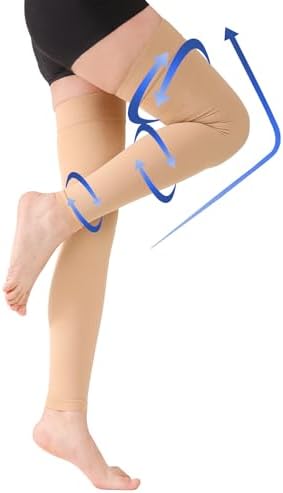 KEKING Thigh High Compression Stockings Footless, Unisex, 15-20mmHg Leg Support Compression Sleeves with Anti-Slip Silicone Band, Opaque, Treatment Swelling, Varicose Veins, Edema, DVT, Beige 4X-Large