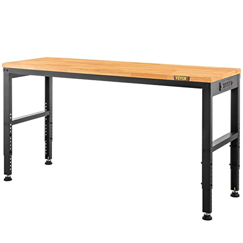 VEVOR 60" Adjustable Workbench, Heavay Duty Workstation 2000 LBS Load Capacity, with Power Outlets & Rubber Wood Top & Metal Frame & Foot Pads, for Workshop Office Home Garage