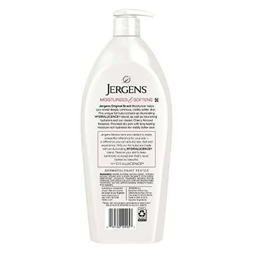 Jergens Original Scent Dry Skin Lotion, Body and Hand Moisturizer for Long Lasting Skin Hydration, with HYDRALUCENCE blend and Cherry Almond Essence, 32 Ounce (Pack of 2)