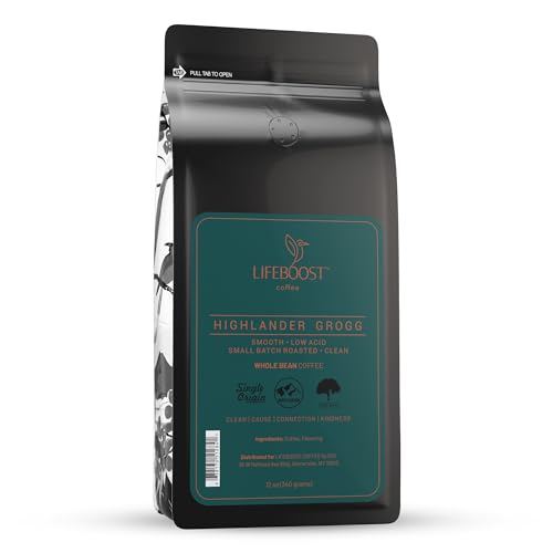 Lifeboost Highlander Grogg Whole Bean Coffee - Low Acid Single Origin USDA Organic Coffee - Non-GMO Highlander Grogg Coffee Beans Third Party Tested For Mycotoxins & Pesticides - 12 Ounces