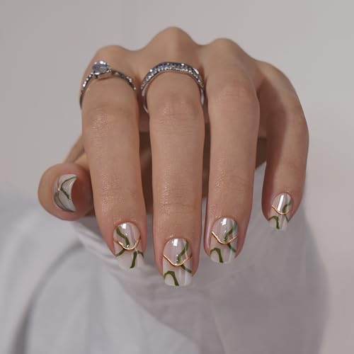 BTArtbox Press On Nails Short - Square Press On Nails with 3D Gold Foil Swirl, Supremely Fit Glue On Nails in 15 Sizes, Winding River