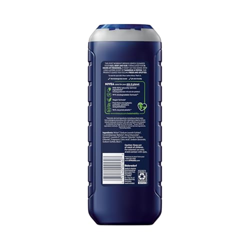 NIVEA MEN Sport Body Wash with Revitalizing Minerals, Tangerine and Pepper Scent, 3-in-1 Men's Body Wash, Face and Hair, Paraben Free, Vegan Formula, 16.9 Fl Oz Bottle, Pack of 3