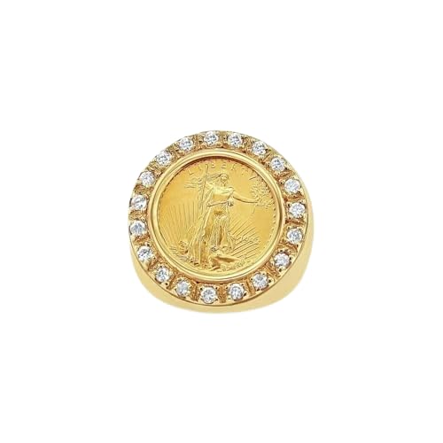 Drizzle Jewels 1.00Ct Lab Created Round Cut Diamond Lady Liberty Coin Ring, Sterling Silver 925, 14K Yellow Gold Finish (Yellow, 6)