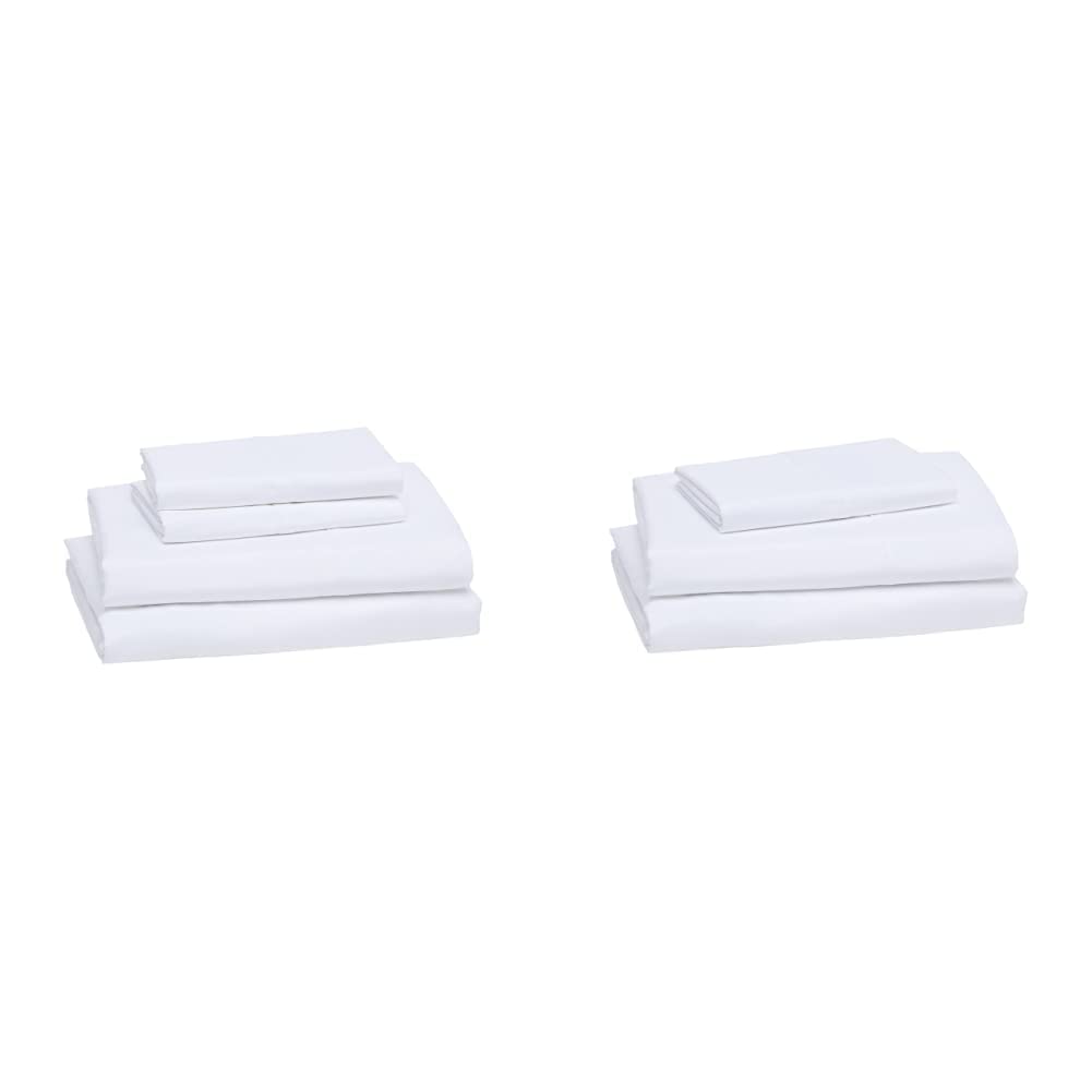 Amazon Basics Lightweight Super Soft Breathable Wrinkle-Resistant Microfiber 4-Piece Bed Sheet Set with 14-Inch Deep Pockets, Queen, Bright White, Solid