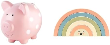Bundle of Pearhead Large Ceramic Piggy Bank + Pearhead Wooden Rainbow Stacking Toy