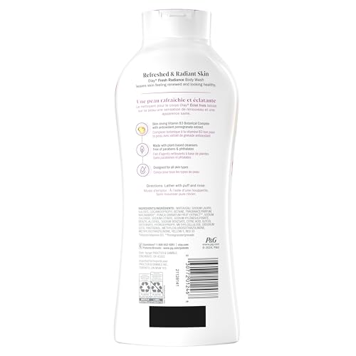 Olay Body Wash for Women, Fresh Radiance, Refreshing & Renewing, Made with Plant Based Cleansers, B3 Botanical Complex, For All Skin Types, Peach & Cherry Blossom Scent, 22 fl oz (Pack of 4)