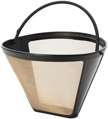 Fino Pour-Over Reusable Coffee Brewing Cone with Gold-Toned Mesh Permanent Coffee Filter, Number 4-Size, Red
