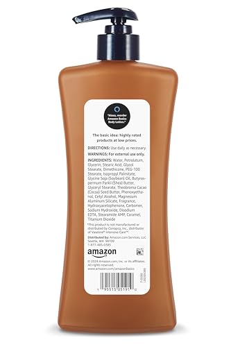 Amazon Basics Moisturizing Cocoa Butter Body Lotion for Dry Skin, Non-Greasy, Paraben Free, Lightly Scented, 20.3 Fl Oz, 4-Pack
