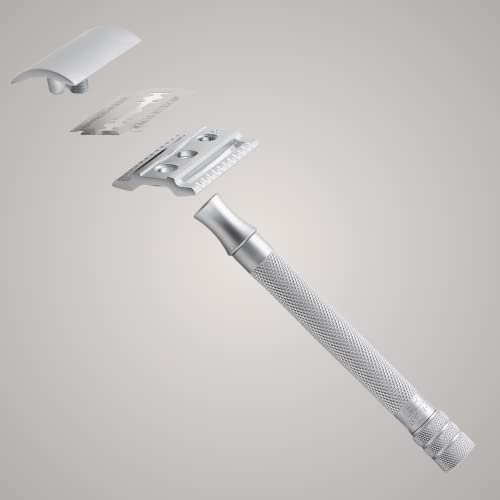 MERKUR Safety Razor 22C Matte Chrome Satin Finish Three-Piece Razor with Straight Cut Closed Comb Ideal for Wet Shaving Die-Cast Zinc Brass Handle Made in Germany
