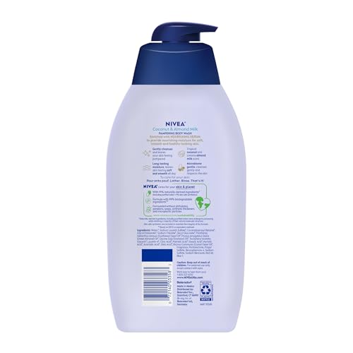 NIVEA Pampering Coconut and Almond Milk Body Wash with Nourishing Serum, Moisturizing Body Wash for Women, Enriched with Provitamin B5 and Vitamin E, 20 Fl Oz Bottle, Pack of 3