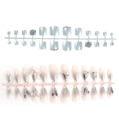 48Pcs Rhinestones Press on Nails Toenails Medium Almond Glossy Silver Glitter Acrylic False Nails 3D Butterfly Fake Nails Gel Glue on Nails for DIY Manicure Stick on Nails for Coquette Women Girls