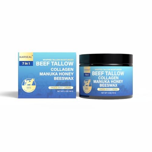 Beef Tallow For Skin, Organic Grass-Fed Beef Tallow Balm with Aloe Vera, Jojoba Oil, Manuka Honey, Olive Oil, Beeswax & Collagen, Natural Moisturizer Face, Body, Lips, Hydrates Dry, Cracked Skin, 5oz