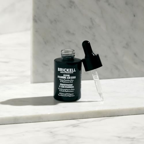 Brickell Men's Anti Aging Hyaluronic Acid Serum for Face, Reviving Day Serum for Men, Natural and Organic Face Serum with Protein Peptides to Restore Firmness and Collagen, 1 Ounce, Scented