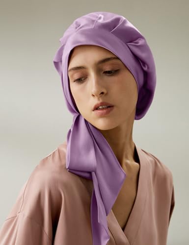 LilySilk 100% Silk Bonnet Pure Mulberry Silk Sleep Cap Womens Natural Silk Bonnet for Sleeping and Hair Care Night Hair Wrap with Long Elastic Band Stay On Lavender