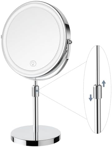 Makeup Mirror with Lights, Height & Brightness Adjustable Lighted Makeup Mirror with 10x Magnification, 8" Rechargeable Double Sided Vanity Mirror with 3 Colors Lights
