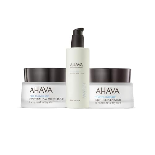 AHAVA Daily Essentials Trio Set - Includes Essential Day Moisturizer 1.7 Fl.Oz, Night Replenisher 1.7 Fl.Oz & Body Lotion Original 8.5 Fl.Oz, enriched with Dead Sea Osmoter & Magnesium