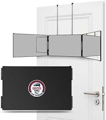 Dripex 3 Way Mirror for Self Hair Cutting, 360° Mirror for Men or Women, Trifold Self Haircut Mirror with Height Adjustable Hooks, for Makeup, Styling, Shaving, Braiding, Dye Hair (Black Without LED)