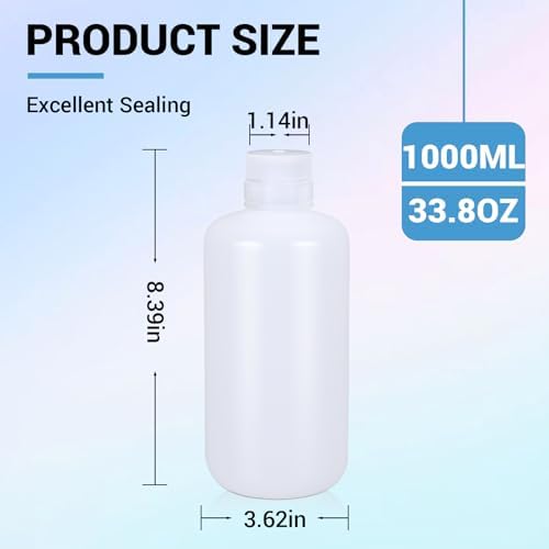 1000ml/33.8 oz Narrow Mouth Round Chemical Container, Plastic Leak Proof HDPE bottle, Lab Reagent Bottles, Water Sample Bottles (2 Pcs)