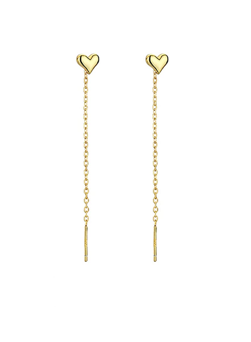Reffeer Solid 925 Sterling Silver Tiny Cute Heart Dangle Earrings Chain for Women Teen Girls Dangle Earrings Threader Tassel (B-Gold)