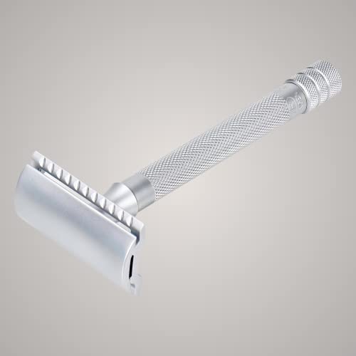MERKUR Safety Razor 22C Matte Chrome Satin Finish Three-Piece Razor with Straight Cut Closed Comb Ideal for Wet Shaving Die-Cast Zinc Brass Handle Made in Germany