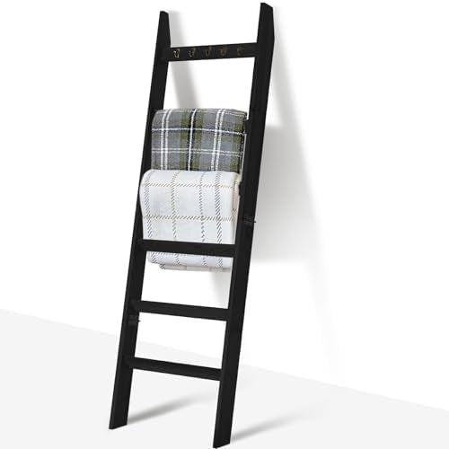 TEAKMAMA 6-Tier 5.4ft Blanket Ladder with Hooks Farmhouse Black