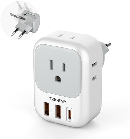 TESSAN European Travel Plug Adapter, Europe Adapter with 4 Outlets and 3 USB(1 USB C PD 20W), International Foldable Plug Type C Power Adaptor for EU Spain France Italy Germany Portugal Iceland