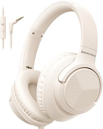 Headphones Wired with Microphone, Over Ear Foldable 3.5mm Plug in Headphones Corded with 4.9ft Tangle-Free Nylon Cord for Tablet, Laptop, MP3/4, School, Airplane Travel (Beige)