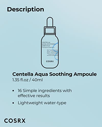 COSRX Centella Aqua Soothing Ampoule, Centella Asiatica Cica Serum, Korean Skin Care, 1.35 Fl oZ, For Sensitive Skin, Daily Skin Serum, Paraben Free, No Animal Testing