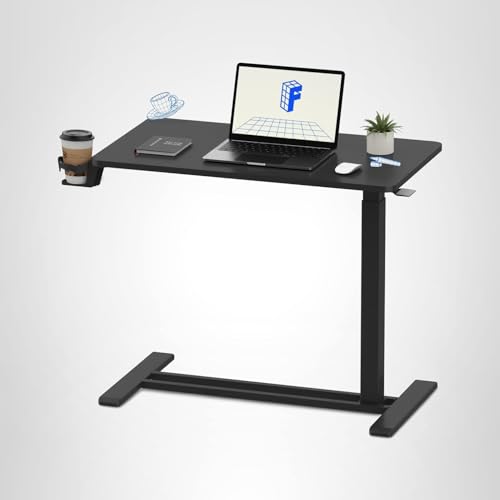 FLEXISPOT H7 Adjustable Overbed Bedside Table with Wheels Pneumatic Mobile Standing Desk Laptop Desk Rolling Computer Cart Movable Overbed Table Hospital Home Use(31.5" W x 17.7" D, Black Large)