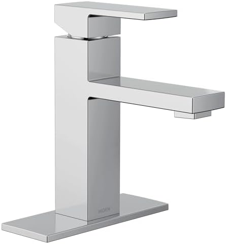 Moen Revyl Chrome One-Handle Single Hole Modern Bathroom Sink Faucet with Optional Deckplate and Spring Loaded Drain Assembly, 84771
