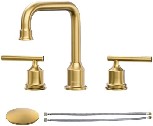 WOWOW Brushed Gold Bathroom Faucet Widespread Bathroom Sink Faucet 2 Handle Lavatory Tap 3 Holes with Drain and Supply Hoses Mordern Basin Taps