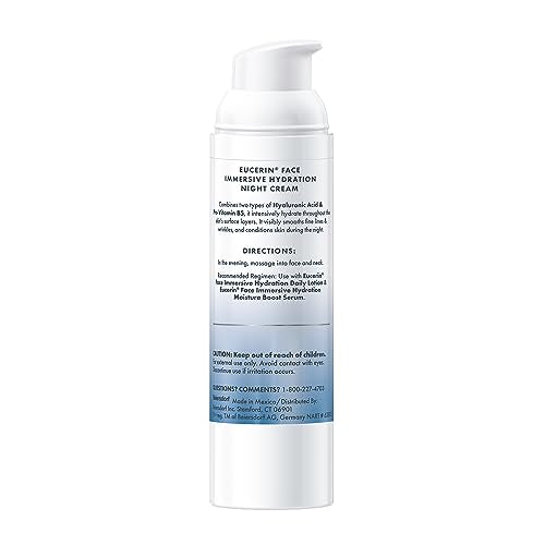 Eucerin Face Immersive Hydration Night Cream with Hyaluronic Acid and Provitamin B5, Ultra-Lightweight Face Moisturizer Smooths Fines Lines and Wrinkles, 2.5 Oz Bottle