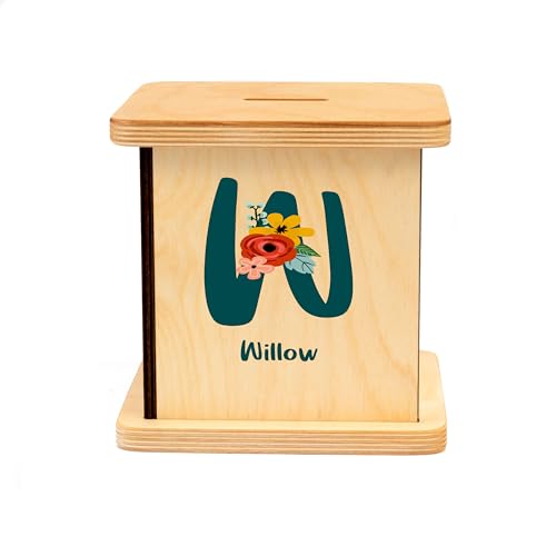 Wooden Piggy Bank for Kids and Adults, Personalized Gift Handmade in USA by BloomOwl, Custom Piggy Bank, Personalized Banks for Kids, Gifts for Baby Boys and Girls (Floral- Botanical)