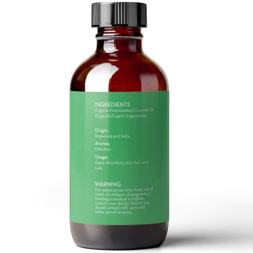 Pure Body Naturals Organic Fractionated Coconut Oil for Skin and Hair, 4 fl oz - Liquid Carrier Oil for Diluting Essential Oils, Hair Growth & Skin Moisturizer