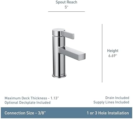Moen Beric Matte Black Modern One-Handle Single Hole Bathroom Faucet with Drain Assembly and Optional Deckplate for Your Bath Sink, 84774BL