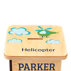 Wooden Piggy Bank for Kids and Adults, Personalized Gift Handmade in USA by BloomOwl, Custom Piggy Bank, Personalized Banks for Kids, Gifts for Baby Boys and Girls (Transportation)