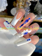 HAND-PAINTED White False Nails Set Coffin Press on Nails Pressons Kit Medium Length Stick on Nails Shoot Nail Art Short Nails with Nail Glue on Nails Square, Long Almond Nail (K2, Small)