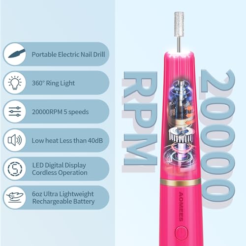 Cordless Electric Nail Drill with 360° Ring Light, Portable Nail File Kit for Acrylic, Gel Nails, Portable Home Manicure Kit for Manicure and Pedicure (Rose Red)