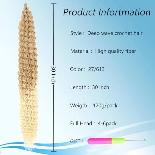 Curly Braiding Hair 30 Inch Ocean Wave Crochet Hair for Black Women Long Deep Wave Wet and Wavy Braiding Hair For Boho Braids (27/613, (Pack of 6))