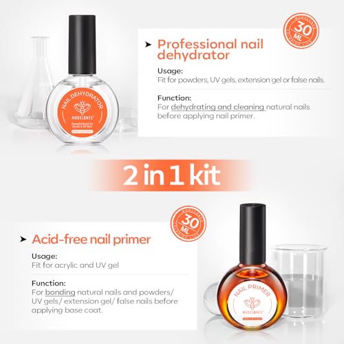 modelones 30 ml Nail Dehydrator and Primer, Acid Free Natural Nail Prep Dehydrate & Bond Primer Kit, Hema-Free Acrylic Nail Supplies Primer Top Coat