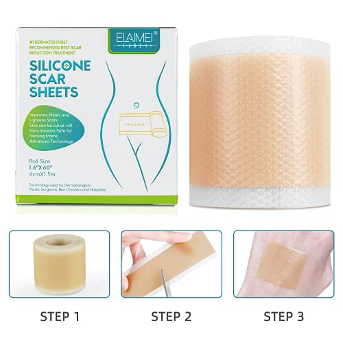 Medical Grade Silicone Scar Sheets, Silicone Scar Tape (1.6”x 60”), Scar Removal Strips for Acne Scars C-Section & Keloid Surgery Scars Sheets Treatment Sheets - 6-8 Month Supply