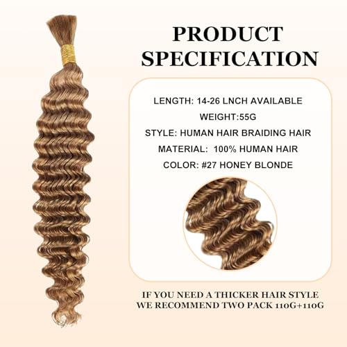 Blonde Human Braiding Hair for Boho Braids 1 Bundle 55g 18 Inch #27 Deep Wave Bulk Human Boho Hair for Braiding No Weft Bundle 100% Brazilian Virgin Hair Extensions Curly for Boho Knotless Braids