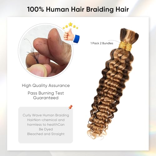 Human Braiding Hair 16 Inch 100g Ombre Highlight Deep Wave Bulk Human Hair for Braids No Weft Curly Bundles Human Hair Extensions for Boho Knotless Braids Wet and Wavy Braiding Hair (4/27)