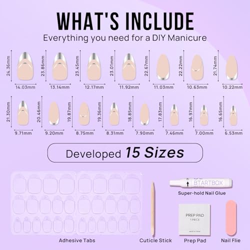 BTArtbox Press On Nails Almond - French Tip Press on nails, Medium Glue On Nails with Nail Glue, Silver Stick On Nails in 16 Sizes - 30 Fake Nails Kit, Zoomers