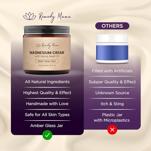 Magnesium Cream for Sleep, Muscle Soreness & Cramps Relief with Hemp Seed Oil, Vitamin E, Shea Butter - Topical Magnesium Lotion for Calm & Relaxation - Unscented - 4fl oz - Made in Canada